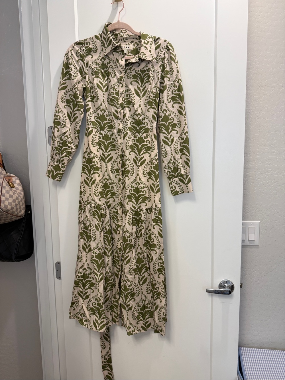 Long Sleeve Button-Front Midi Dress in Olive Floral Boden Ellie Cotton Maxi